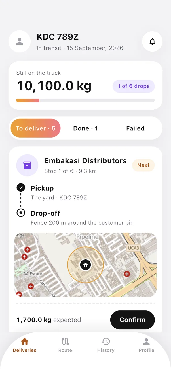 The Loadline app showing a driver's manifest: 10,100 kg still on the truck, one of six drops